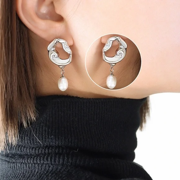Silver Irregular Shape Earrings*Minimalist Design*Pearl Earrings*Waterproof*ML - Picture 2 of 4